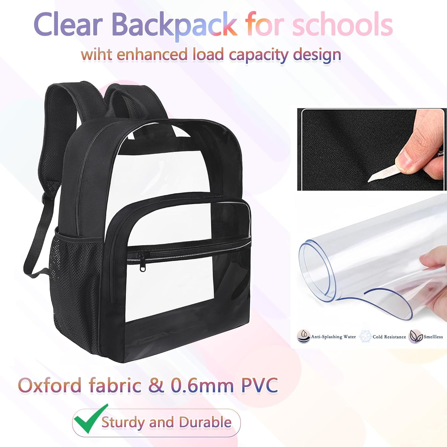 Skiennix Clear Backpack - Heavy Duty Transparent Bookbag | 18-Inch Black PVC School Bag