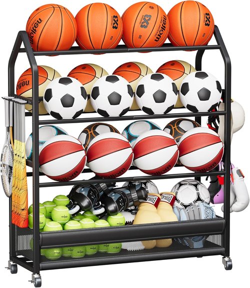 Homeiju Sports Equipment Organizer - Ball Storage Rack with Wheels & Hooks | Indoor/Outdoor Black Gear Shelf