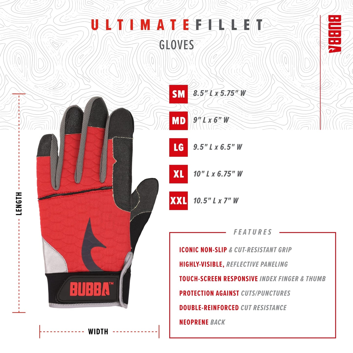 BUBBA Ultimate Fillet Gloves with Cut Resistant Construction and Touch Screen Usability for Fishing, Angling, Boating and Outdoors, X-Large