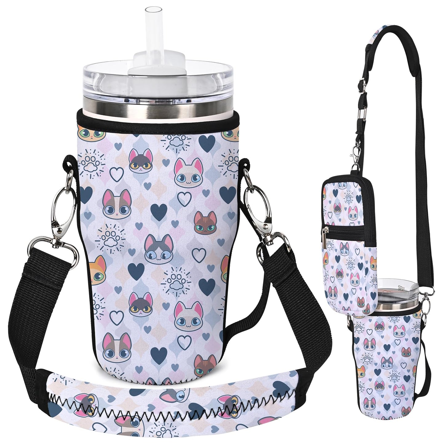 AUPET Water Bottle Holder Carrier Bag fit for 30/20 /14 oz Stanley Flowstate IceFlow Yeti Tumbler ,Cup Accessories Sleeve Sling with Phone Pouch & Strap (paisley flower, fit for Tumbler 20oz)