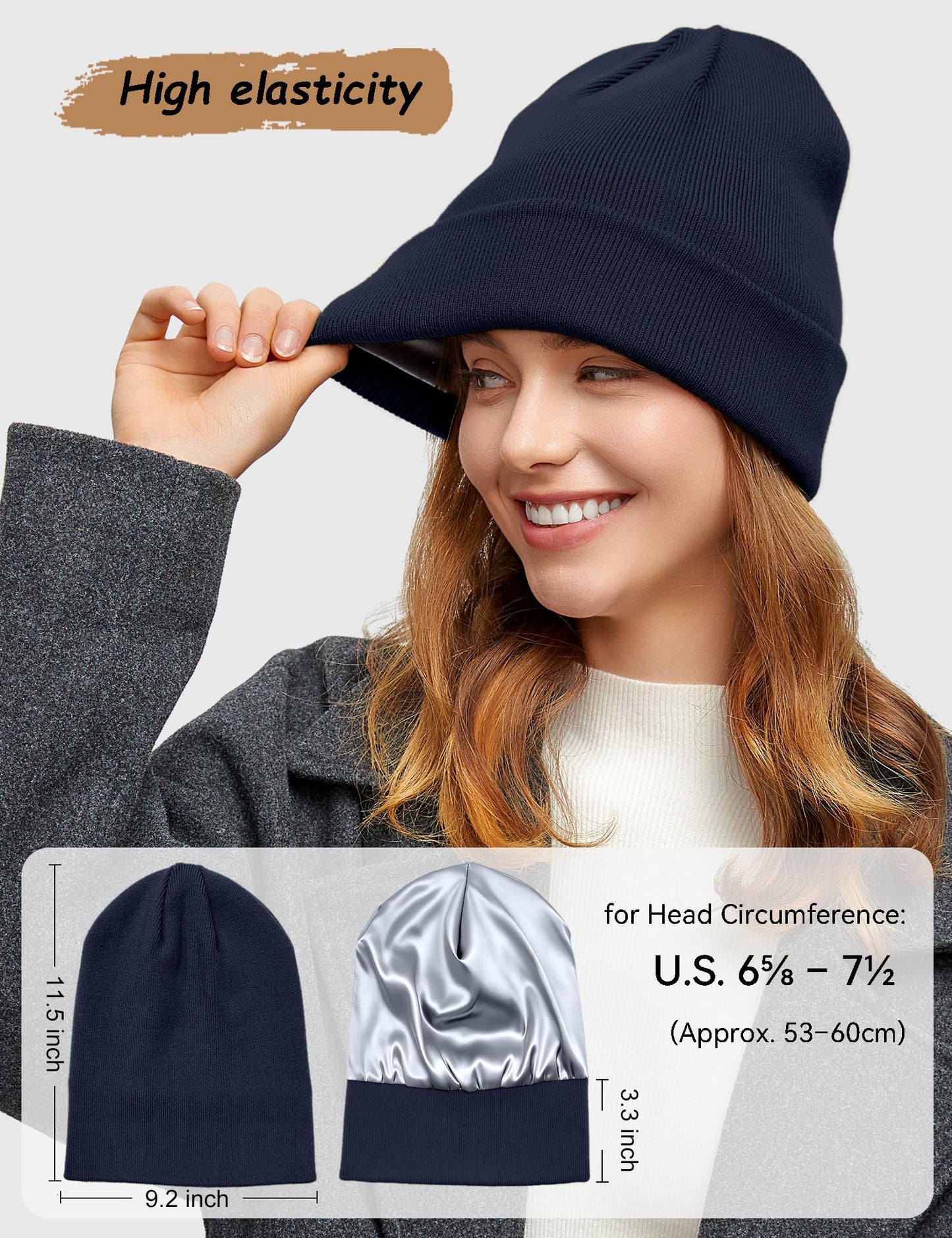 Simapu Satin Lined Wool Beanie Hat for Women Men Fall Winter Fashion, Warm Knit Cuffed Fisherman Skull Cap/Slouchy Beanie, Navy Blue