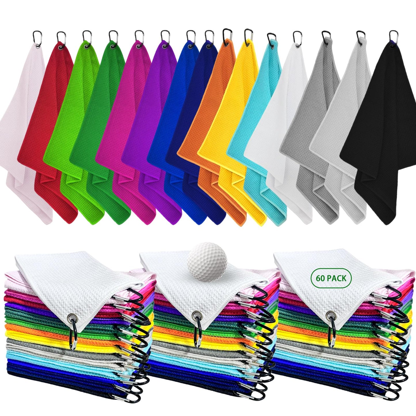 YOUKE OLA 60 Pack Golf Towels(16" X 16") with Carabiner Clip, Microfiber Waffle Pattern Towels for Golf Bags, Club, Yoga, Fitness (Colorful)