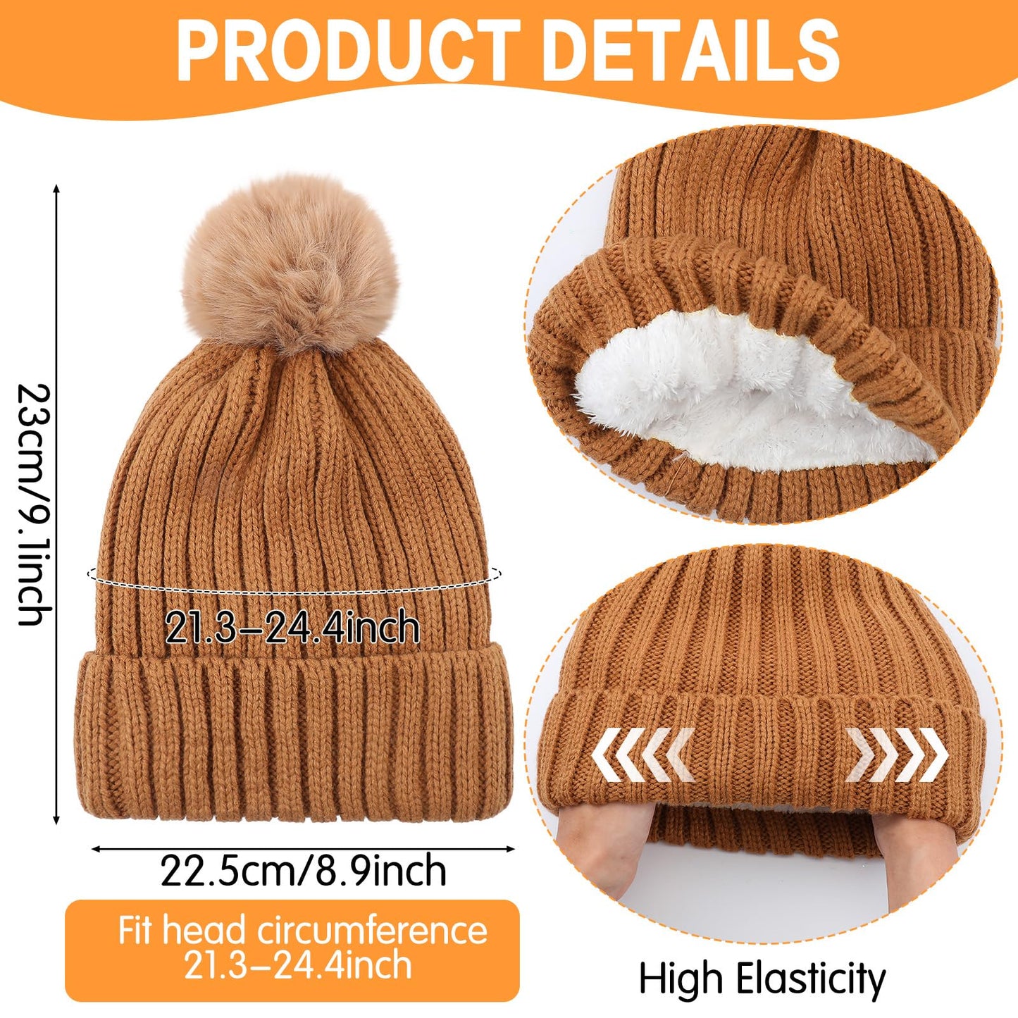 Silicherry 3 Pcs Waterproof Women Winter Pompom Beanie Hat Fleece Lined Warm Hat Thermal Waterproof Windproof Knit Skull Cap Beanie for Women Skiing Cold Weather