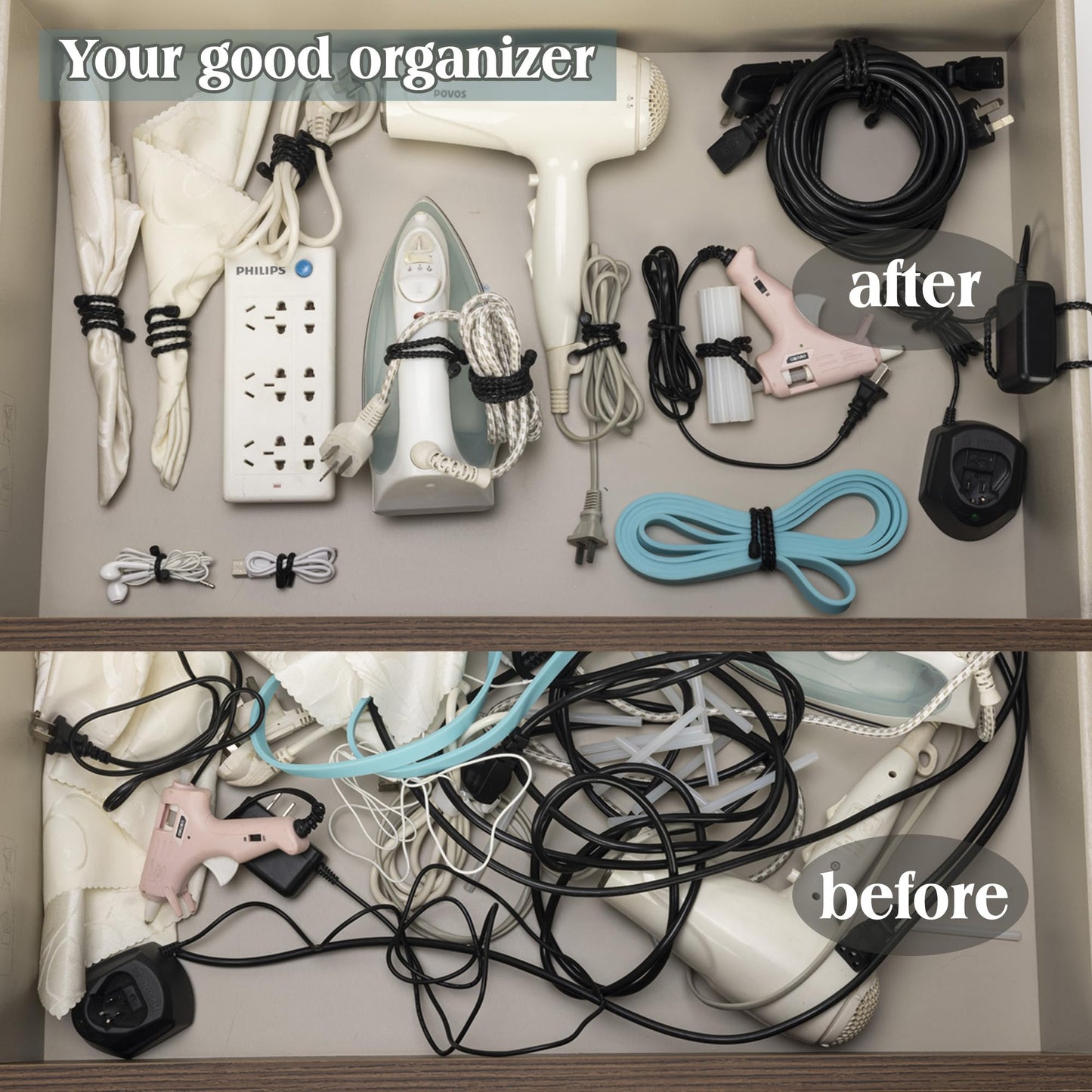 8PCS 12-Inch Silicone Cable Ties, Bendable Rubber Twist Ties, Reusable Twist Ties for Cords, gear ties for Organizing, Bundling (Black)