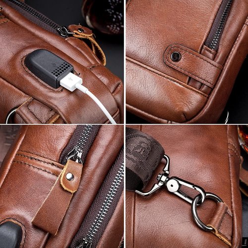 KPYWZER Genuine Leather Sling Backpack with USB Charging Port Chest Bag Outdoor Hiking Travel Daypack Brown
