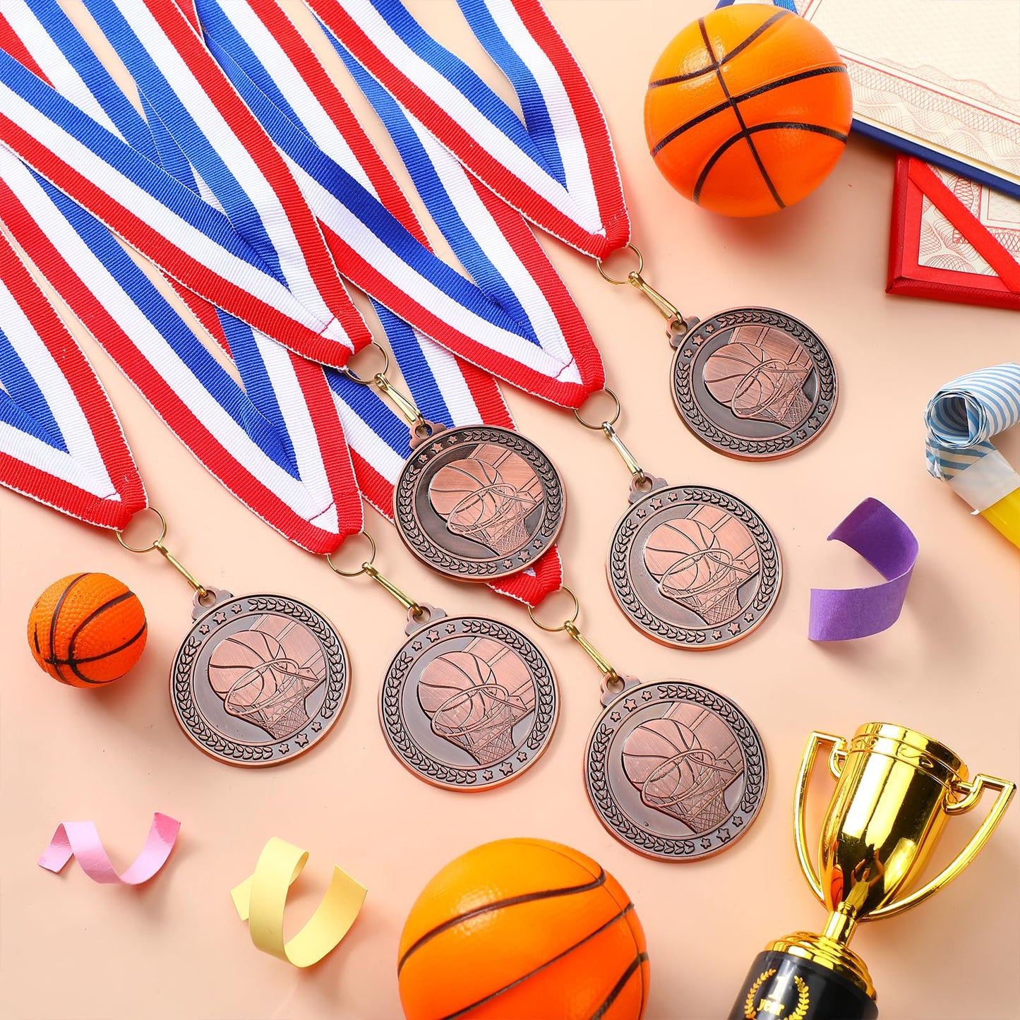 Remuuly 30 Packs Bronze Medals Bulk, 2'' Award Medals Team Participation Trophies with Red White and Blue Striped Ribbon for Competitions Celebration Prizes Gift Sports Themed Party Favor(Basketball)
