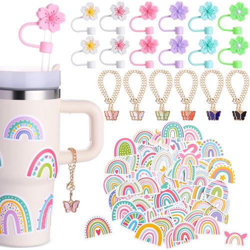 Reallnaive 124 Pcs Tumbler Cup Accessories Set Including: 100 Rainbow Stickers 12 Silicone Straw Caps 12 Butterfly Charms Suitable for Decorating Water Bottles with Handles
