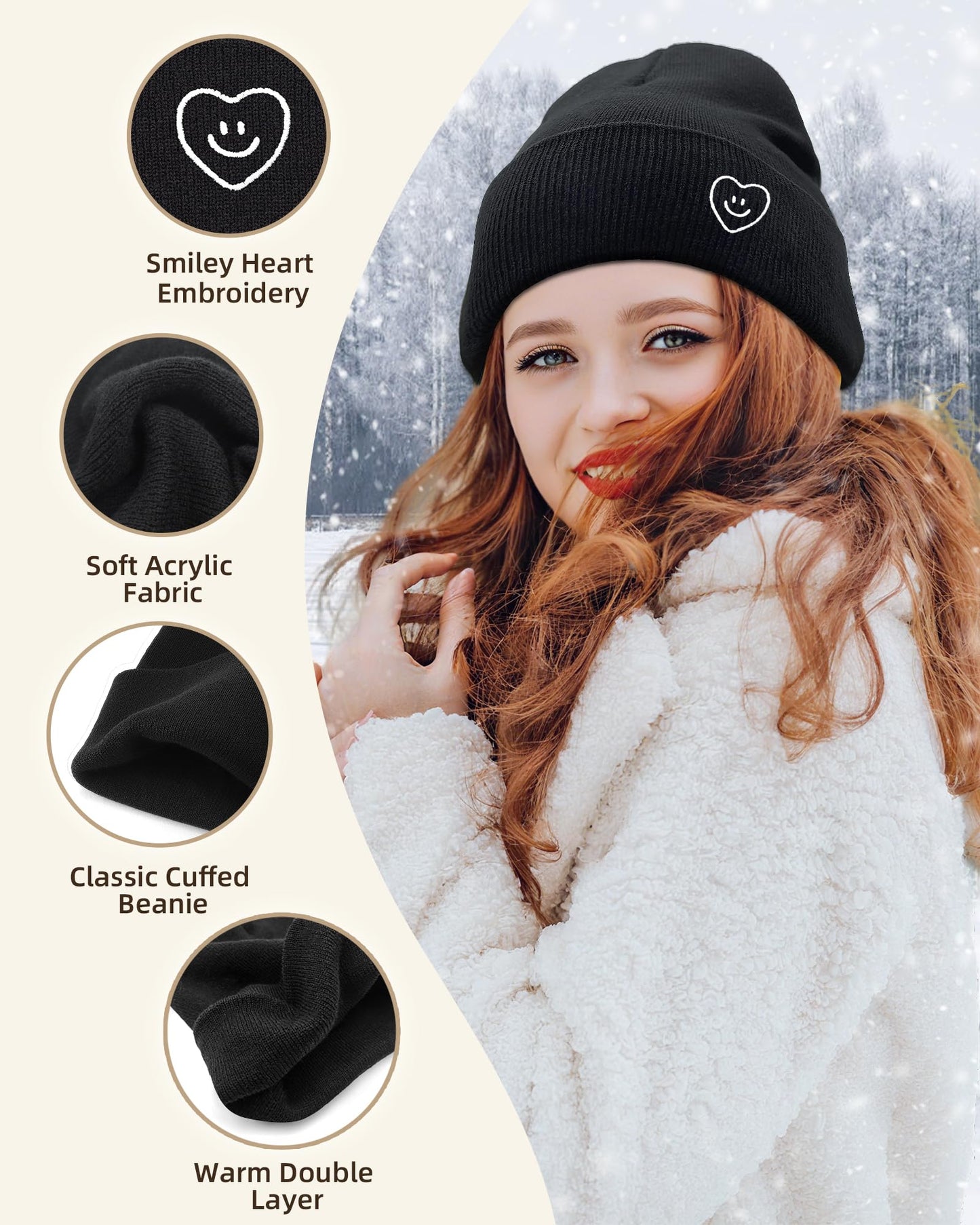 XMMAXFLOW Beanie for Women Men Winter Knit Hats Soft Warm Cuffed Beanie with Smile Face, Black