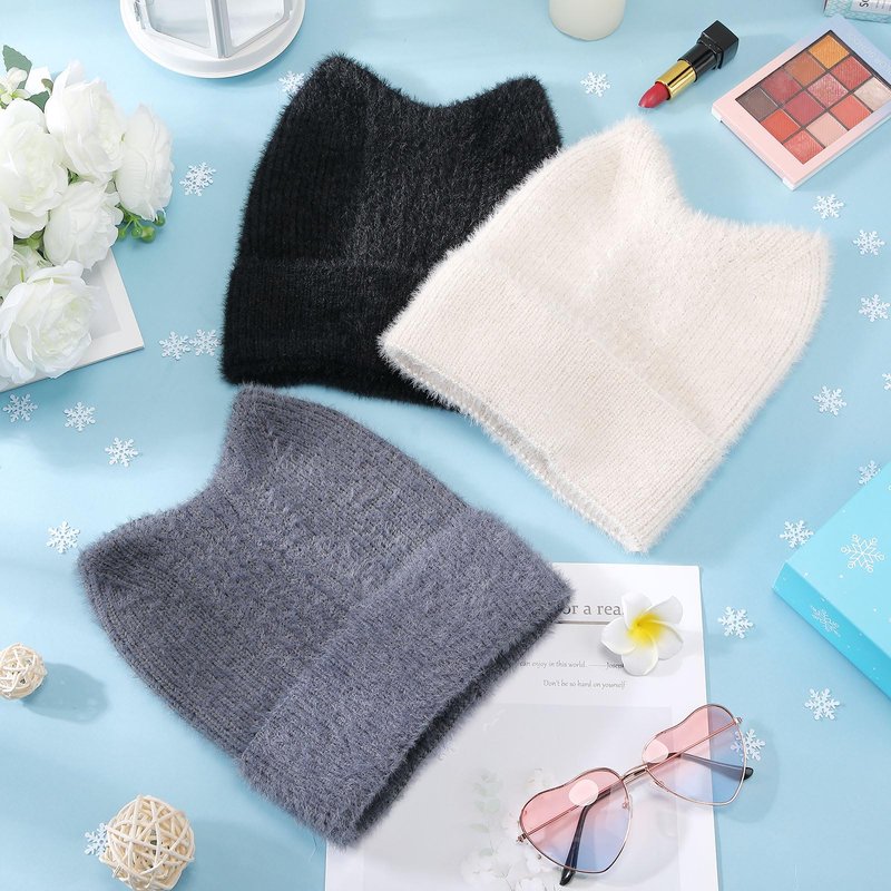 Silicherry 3 Pack Winter Cat Ear Knit Beanie Hats for Women, Soft Warm Slouchy Beanies, Stretchy Cuffed Caps for Adults(Black,Grey,White)