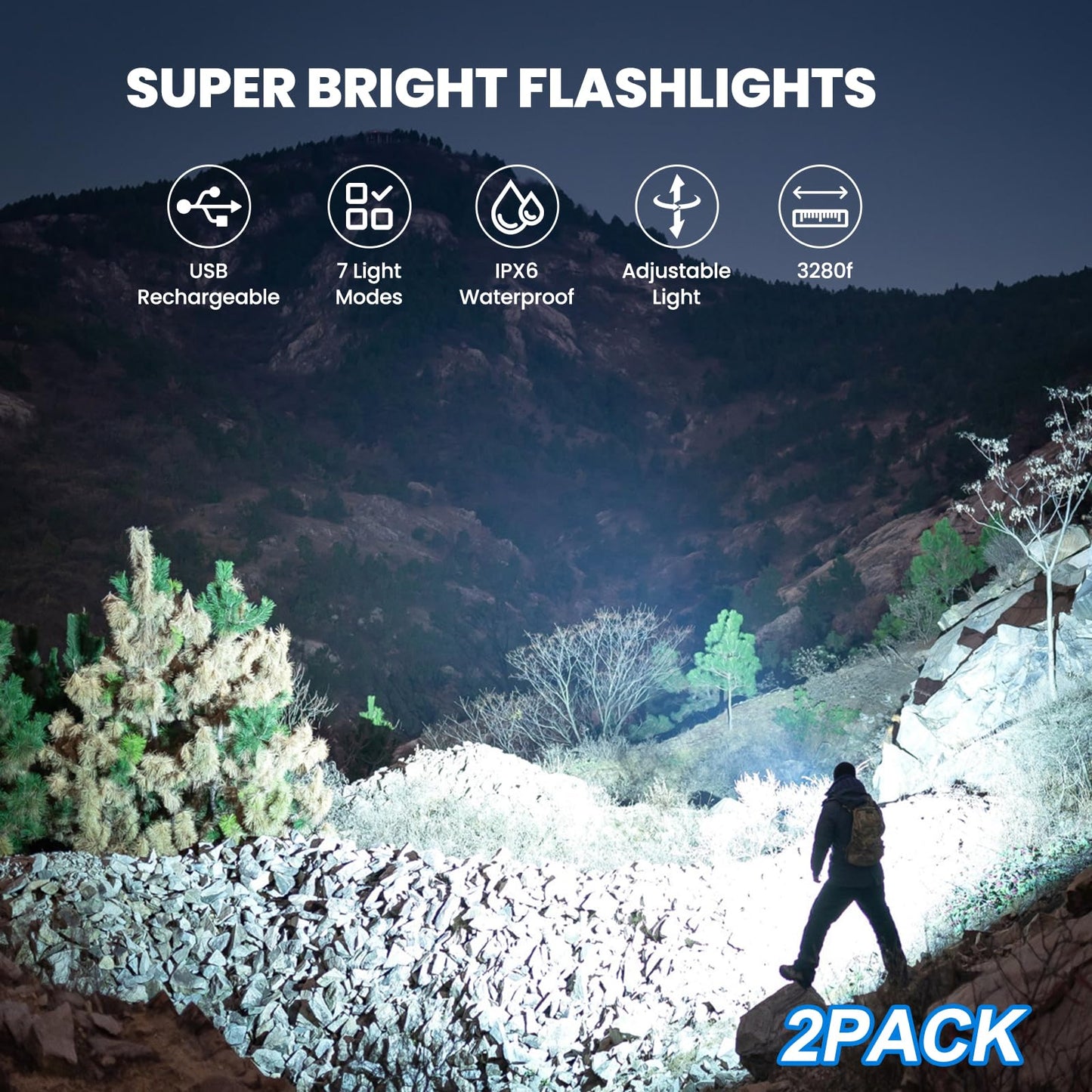 ECLINCO Flashlight Rechargeable 990,000 High Lumens, 3 Pack Led Flash Lights with 5 Modes, Waterproof Handheld Linterna for Camping, Home, Outdoor (2)