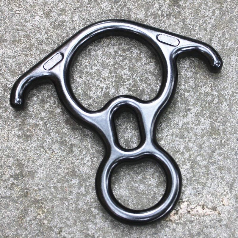 PROND Terminal 8 Descender, Rescue Figure 8 Descender with Lock Off Ears, 50KN Aluminum Alloy Bent-Ear Descender for Climbing Rescuing Or Escaping Descender, Climbing Belay & Rappel Equipment (Black)
