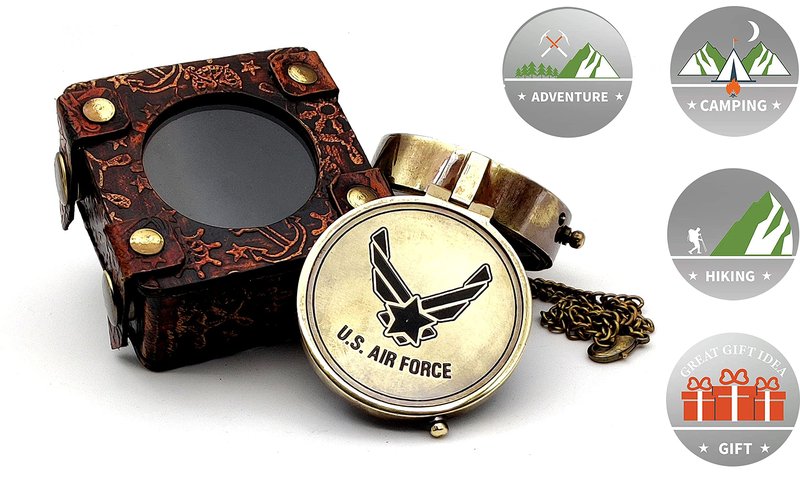 5MoonSun5's US AIR Force Engraved Brass Military Compass Nautical Marine with Leather Display Case - Perfect and Unique Gift for Army Person - Survival Navigation Compass for Hiking Camping Hunting