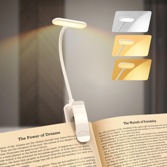 20 LED Rechargeable Book Light for Reading in Bed, Eye Caring 3 Color Temperatures, Adjustable Brightness, 100H Runtime, Durable & Lightweight, Portable Clip On Reading Light for Study, Travel