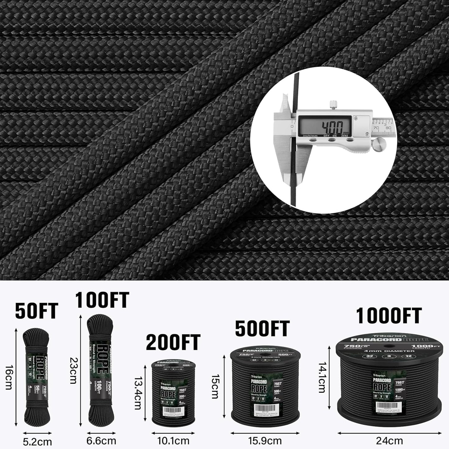 Paracord Rope 750 lb - Heavy Duty 200ft 5/32" Parachute Cord for Camping, Survival Gear | Black