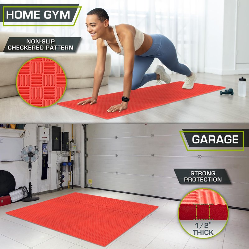 ProsourceFit Exercise Puzzle Mat ½-inch, Checkered EVA Foam Floor Tiles w/Non-Slip Texture, Interlocking Design for Adjustable Gym Surfaces, Shock Absorbing, Red, 24 Sq Ft - 6 Tiles