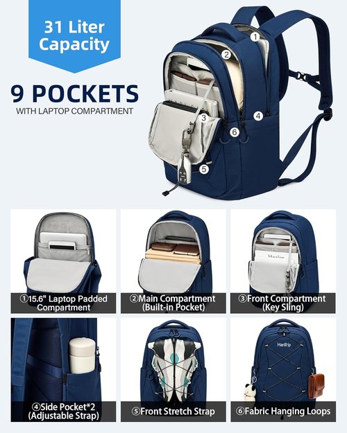 HanTrip Travel Laptop Backpack - Large Water Resistant Commuter Bag with Luggage Strap | Navy Blue