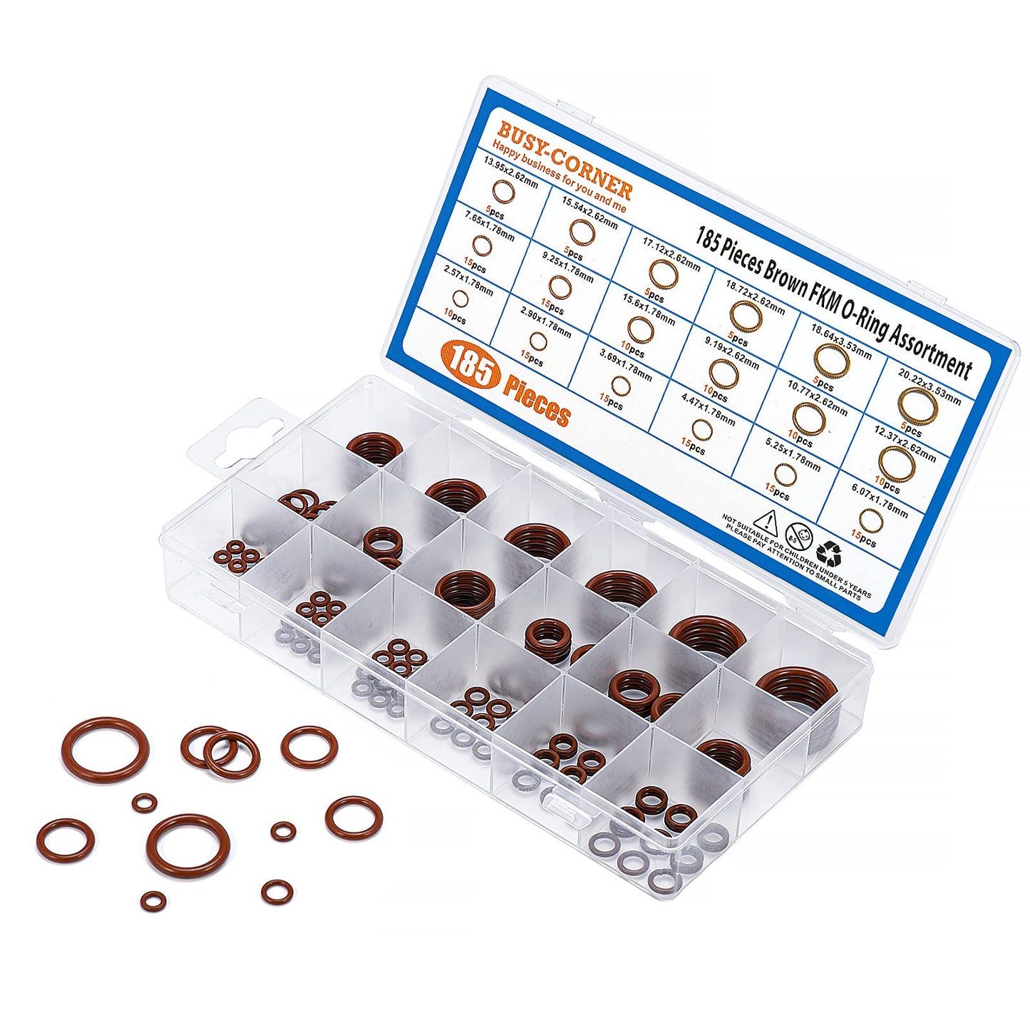 BUSY-CORNER 185 Pieces FKM Brown O-Ring Kit,75A Durometer,18 Kind AS-568 Standard Sizes,ID 2.57mm-20.22mm Thickness 1.78mm 2.62mm 3.53mm