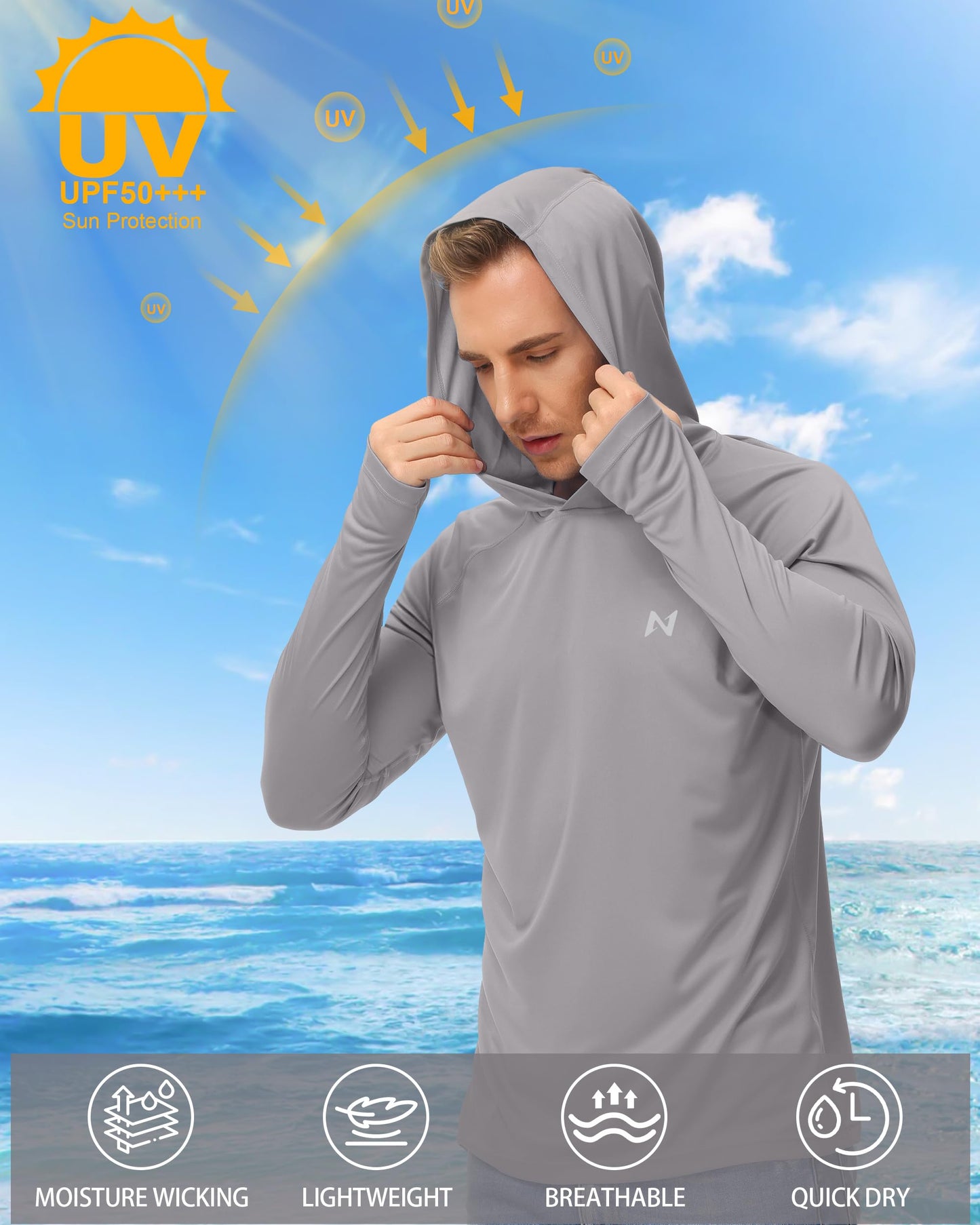 isnowood Sun Shirt UPF 50+ Men's Fishing Long Sleeve UV Protection Hoodie Hiking Rash Guard Swimming Running Gray