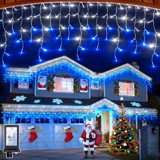 1296 LED Outdoor Christmas Lights with 288 Drops, 131FT Christmas Fairy Lights with 8 Modes Timer, Twinkly Lights IP44 Waterproof for Eaves Yard Holiday Wedding Party Decor Blue & Cool White