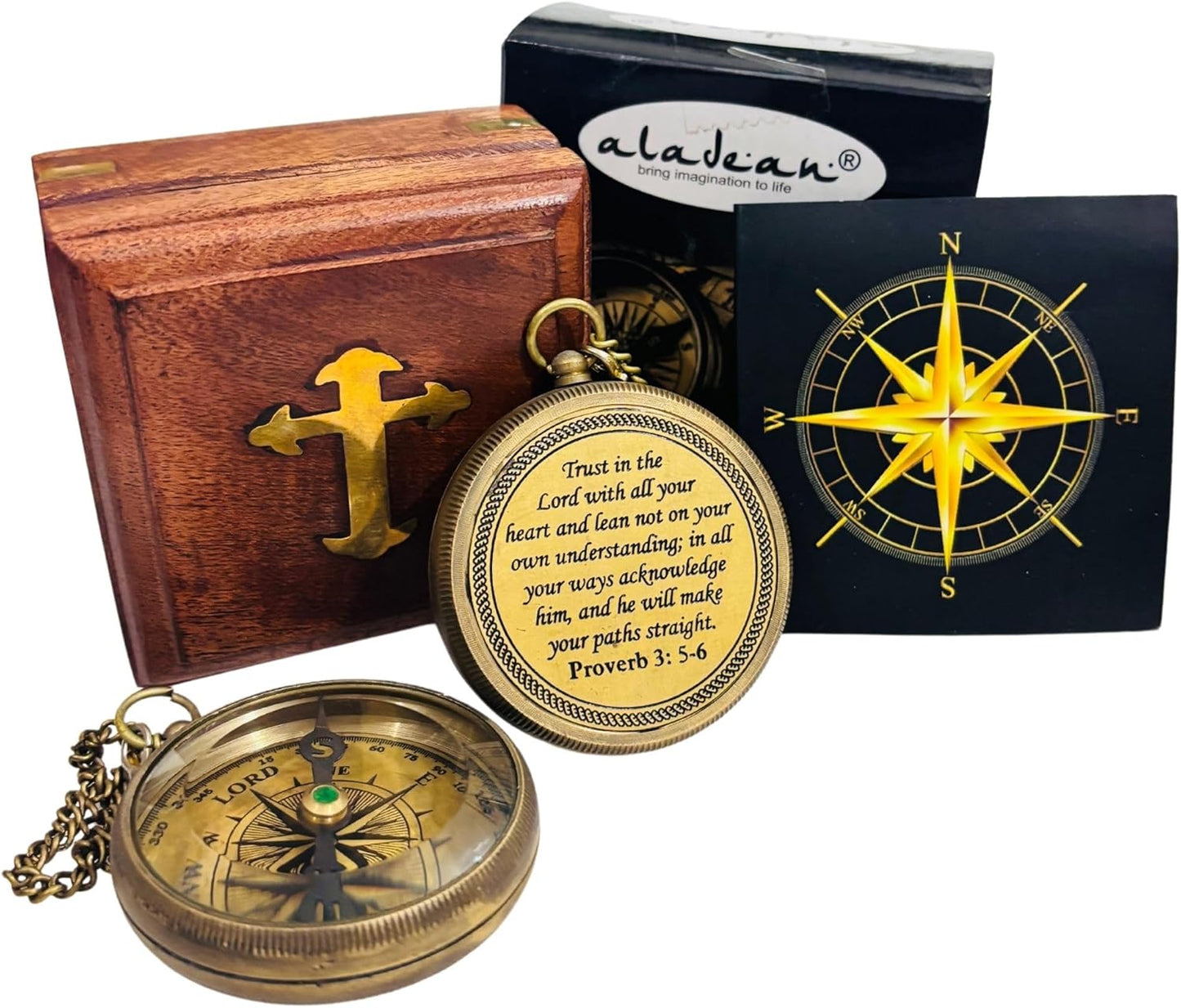 Trust In The Lord - Proverbs 3:5-6 Engraved Compass | Inspirational Gift in Wood Box for Men & Boys