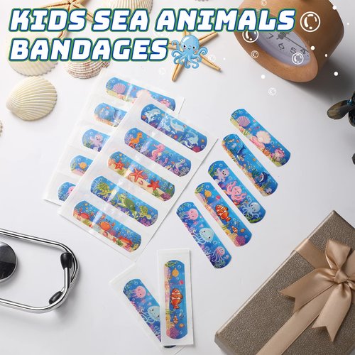 200 Pcs Kid Bandages Bulk Cute Cartoon Bandage Children's Adhesive Flexible Colorful Strip Waterproof Breathable PE Stickers Protection Care Cuts for Ocean Under Sea Party Girl Boy
