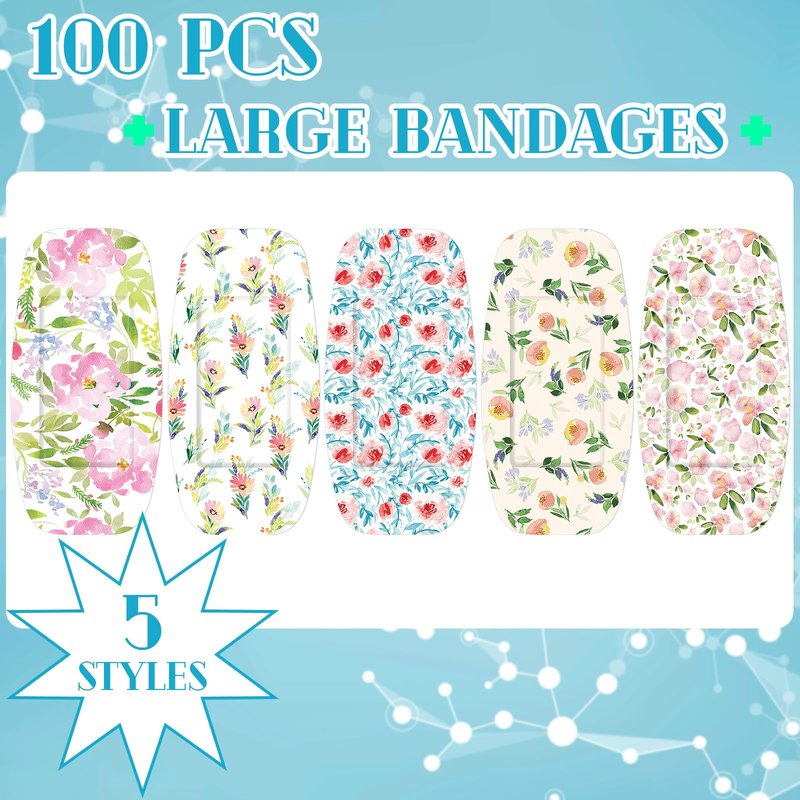 Sinmoe 100 Pcs Large Bandages 2 x 4 Inch Latex Free Big Adhesive Flower Wound Care Flexible Fabric Bandages for Care and Protect Wounds
