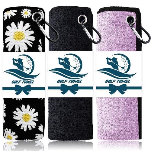 FINGER TEN Golf Towel Microfiber Waffle Towels for Golf Bags for Men Women with Clip 15.7’’X15.7’’ Set in Gray Black Blue Purple (Daisy&Black&Purple, 15.7L x 15.7W)