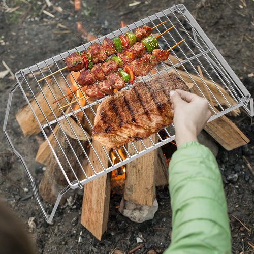 ZORMY 13" Folding Campfire Grill, 304 Stainless Steel Firepit Grill Grate, Heavy Duty Portable Camping Grill with Carrying Bag, Gas BBQ Grill Grate for Backpacking, Hiking, Picnics (Medium)