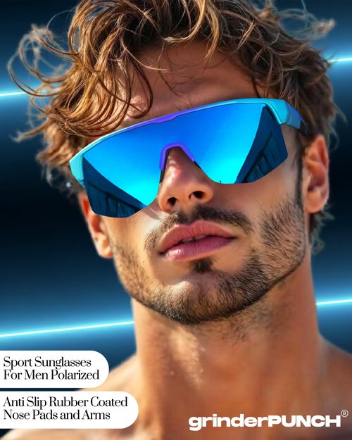 grinderPUNCH UV 400 Sports Sunglasses Cycling Glasses, Biking Goggles Running Hiking Golf Fishing Driving (Blue)