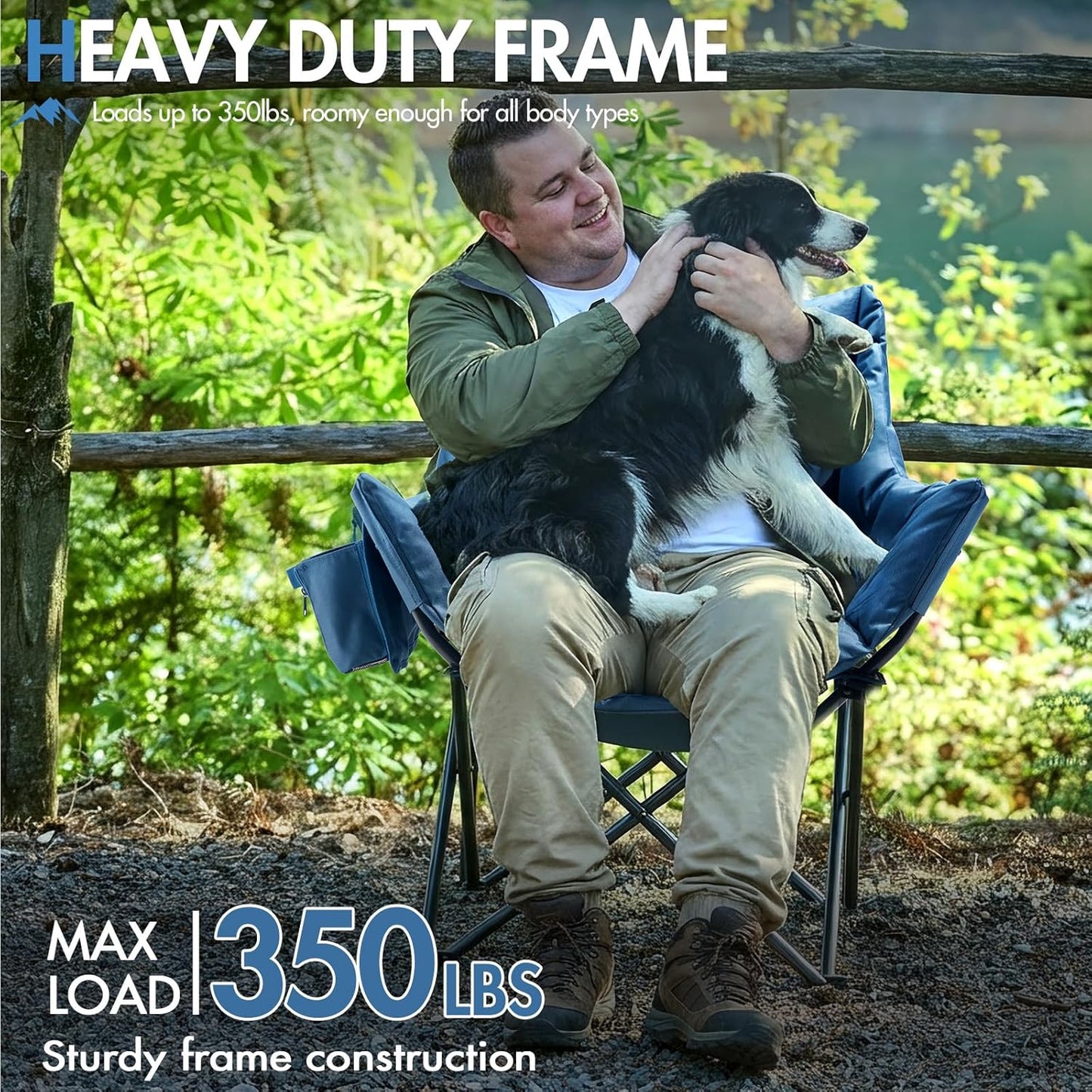 Portal Oversized Padded Camping Chair - Heavy-Duty Folding Design with Cup Holder & Side Pocket, Supports 350 lbs | Blue