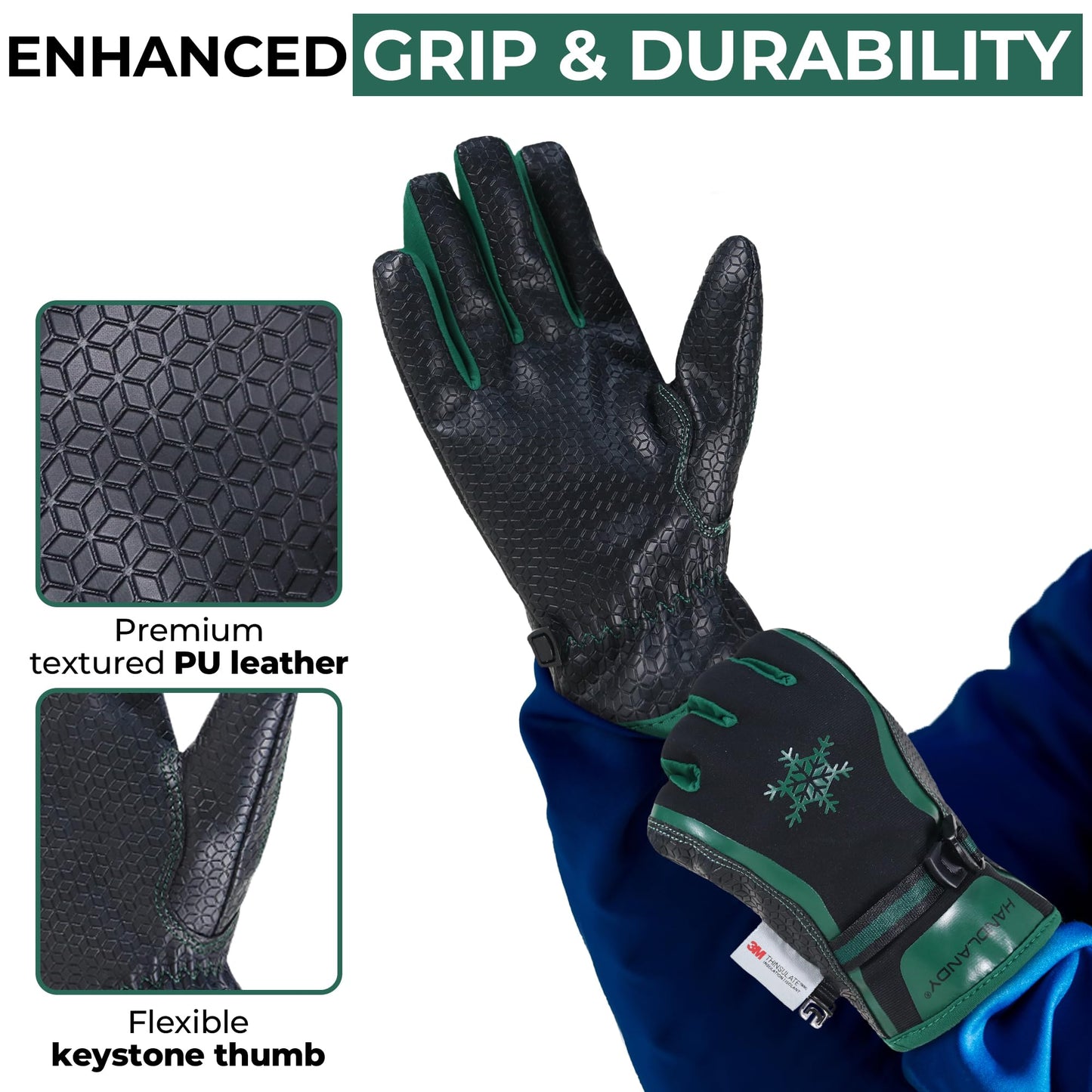 HANDLANDY Winter Work Gloves for Men Women, Warm 3M Thinsulate Insulated Waterproof Thermal Touchscreen Gloves for Cold Weather Working, Hiking, Skiing, Driving (Green, Large)