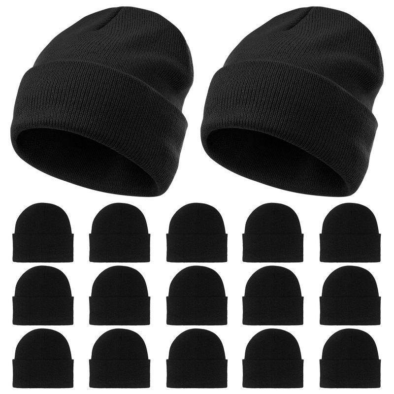 Huiguli 15 Pack Winter Beanie Hats Bulk, Knit Skull Caps & Toboggan for Men & Women - Warm Cozy Thermal Cuffed Beanies for Cold Weather (Black)