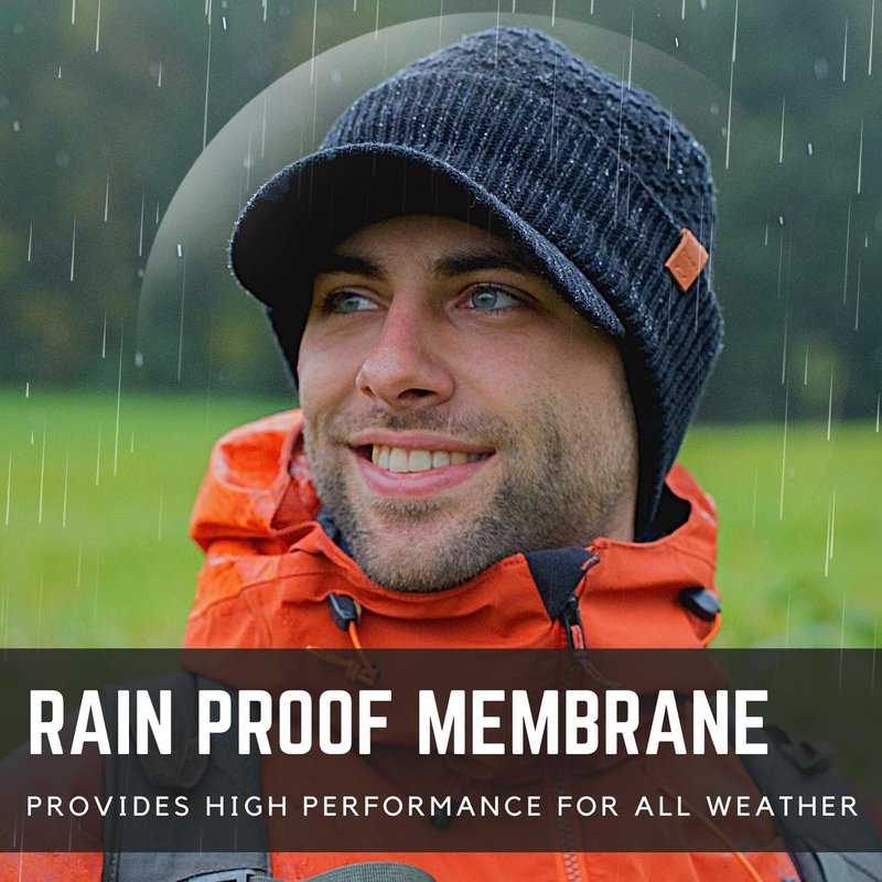 TOP-EX 50% Merino Wool Winter Hats Beanie with Brim Waterproof Warm Fleece Lined for Cold Weather (US, Alpha, X-Large, XX-Large, Black (Waterproof))