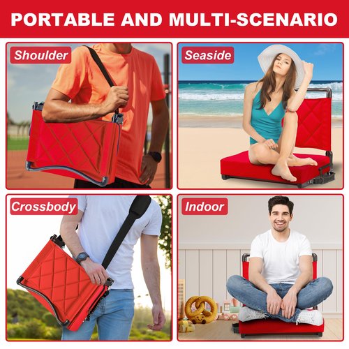 Kaganoon Stadium Seats with Back Support Cushion, Folding Stadium Seats for Bleachers Hold up 400lbs, Wide Bleacher Seat with Shoulder Strap & Handle Comfort for Sports Events (red, 1pcs)