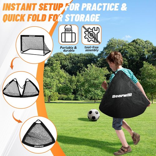 Bearwill Kids Soccer Goals - Portable 4x3ft Backyard Set of 2 with Training Equipment & Soccer Ball