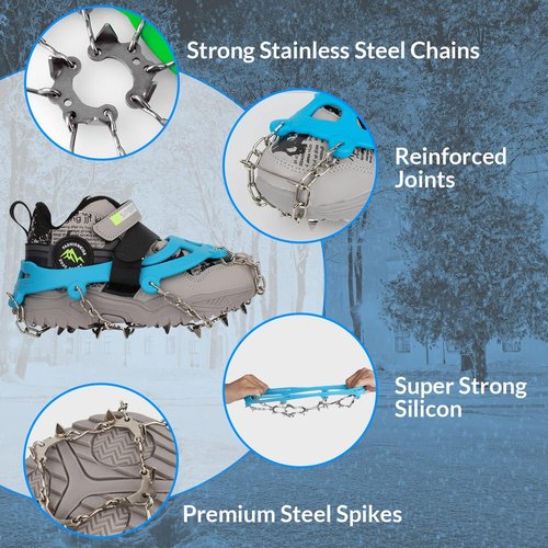 Kids Ice Cleats - Snow Crampons for Hiking Boots & Shoes with 14 Stainless Steel Spikes, Anti Slip Traction Grips for Boys and Girls, Snow Cleats for Hiking, Walking & Climbing (Small, Blue)