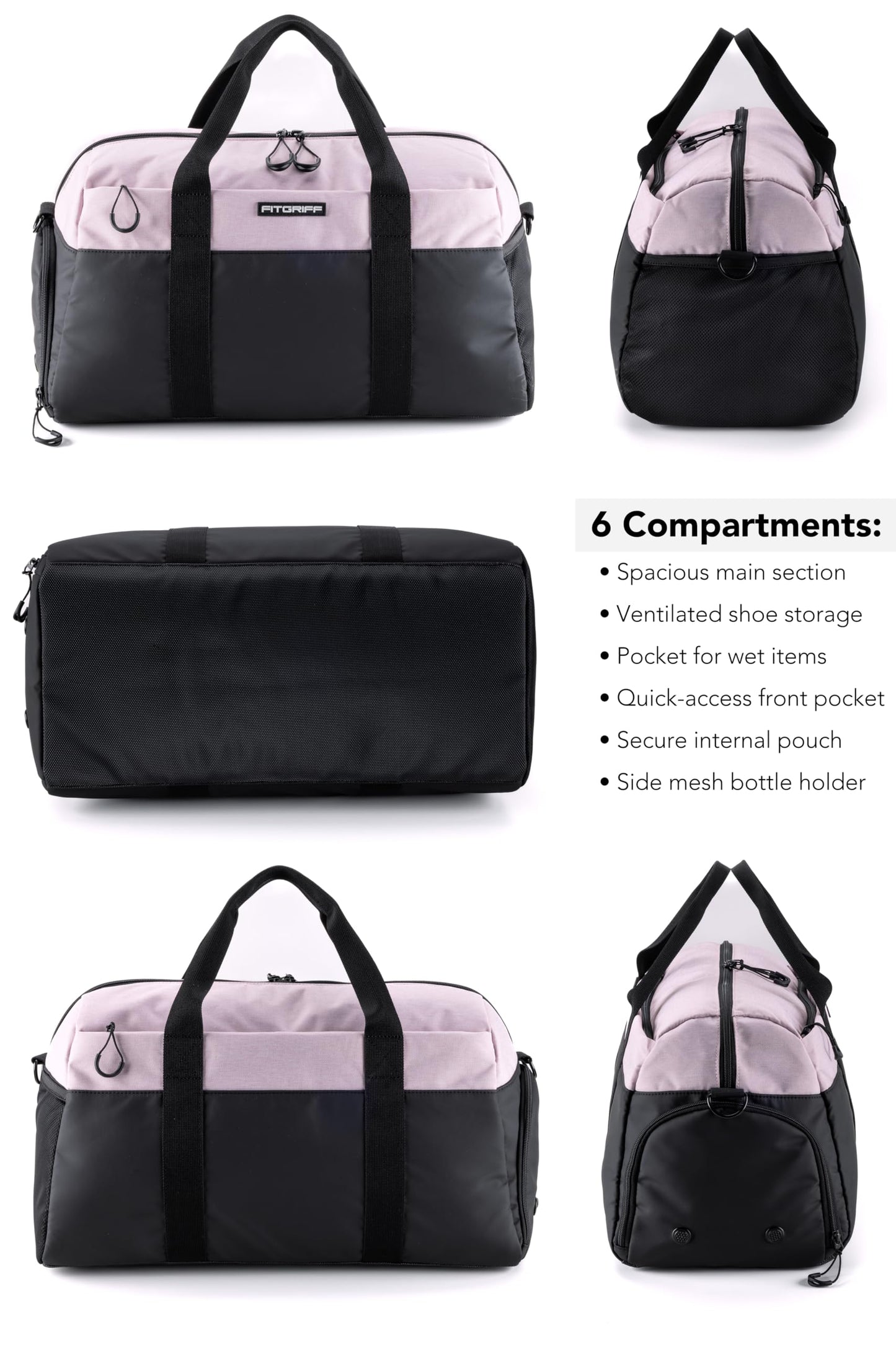 Fitgriff® Gym Bag V2 for Men and Women with Shoe & Wet Compartment - Duffle Bag for Travel, Sports, Fitness and Workout (Black/Pink, 19 x 10 x 11″ (Small))