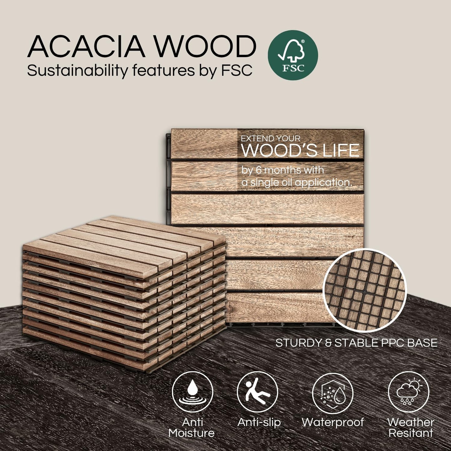 Outdoor Waterproof Acacia Wood Deck Tiles - 10 Pcs Patio Flooring for All Weather Use