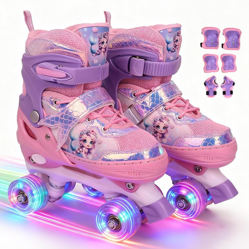 Adjustable Mermaid Roller Skates for Kids Girls with LED Light Up Wheels | Indoor Outdoor Skates for Kids Beginners | Protective Gear Set Included | Birthday Gift (Purple Pink)