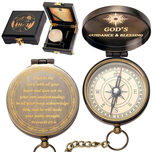 Afcrho Proverbs 3: 5-6 Engraved Compasses, Wood Box Greeting - Trust in The Lord Compass - Inspirational Gift Men, Christian Boys Baptism Gifts, Graduation Day with Wooden Box