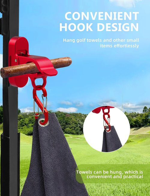 Magnetic Golf Holder Clip for Golf Cart with Hook Design, Aluminum Alloy Golf Cart Hold with Secure Grip & Hook & Loop Strap, Golf Cart Accessories, Ideal Golf Gifts for Men - Red