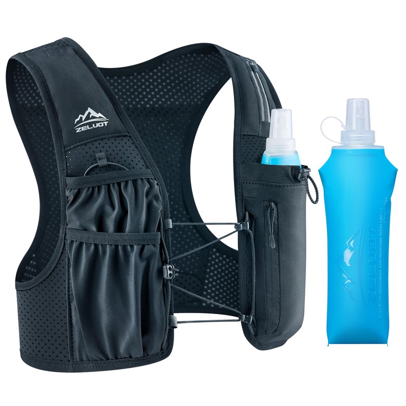 Zelvot Running Vest for Women Men, USA Original Patent, Adjustable Chest Straps Running Hydration Vest with 500ml Soft Flask, Lightweight Reflective Hydration Backpack for Marathon (Black, XS/S)