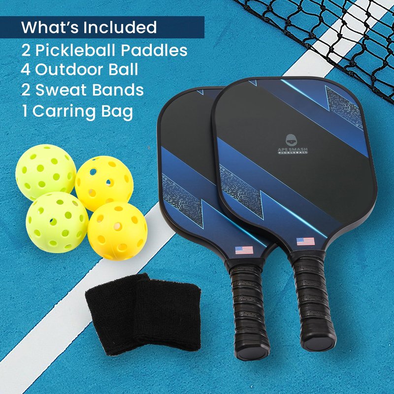 APE SMASH Pickleball Paddles Set of 2 – Non-Slip Grip Fiber Glass Surface Pickle Ball Rackets 2 Pack – Lightweight 4 Pickleball Set, 2 Sweat Bands with Carry Bag Pickleball Paddle Set for Men & Women