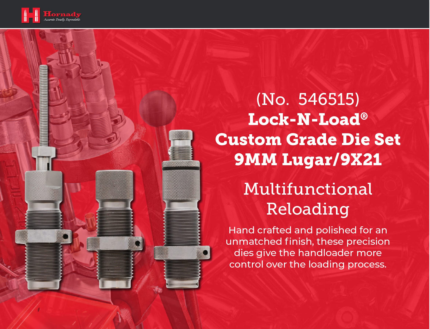 Hornady Custom Grade New Dimension 3-Die Set, 9mm Luger 9x21(.355) (546515) -Caliber Specific Reloading Equipment for Handloaders with Full Length Sizer Die, Seating Die, Sure-Loc Rings, & Storage Box