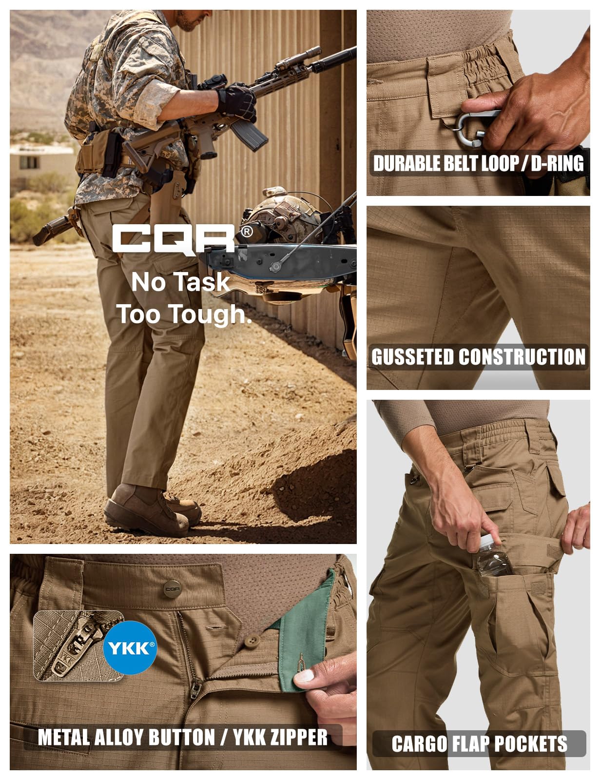 CQR Men's Tactical Pants, Water Resistant Ripstop Cargo Pants, Lightweight EDC Work Hiking Pants, Outdoor Apparel, Raider Mag Cougar, 36W x 30L