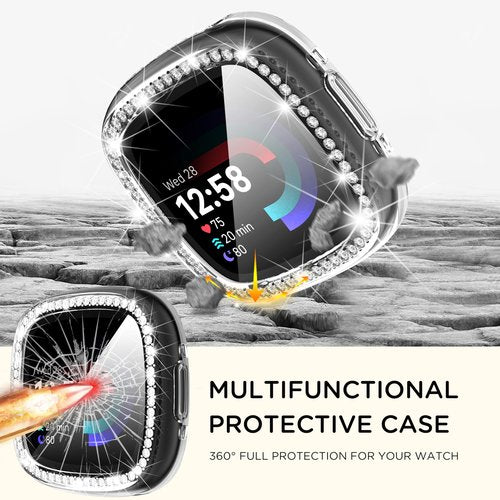 Suoman 4-Pack for Fitbit Sense 2/Versa 4 Case, HD Tempered Glass Screen Protector, Full Around TPU Electroplate Protective Cover Bumper [Glitter Diamonds] -Clear+Clear+Clear+Clear