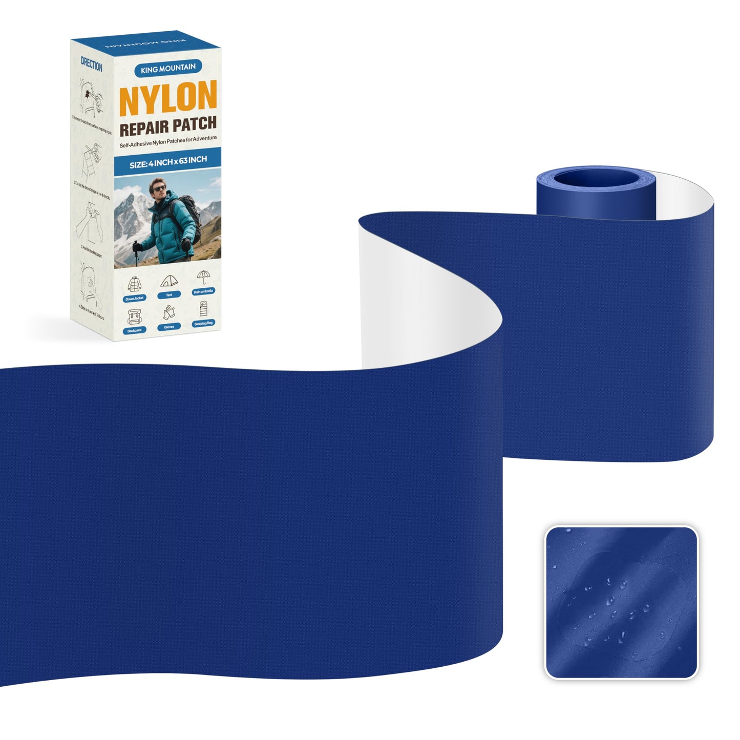 KING MOUNTAIN Self Adhesive Nylon Fabric Repair Tape, 4×63 Inches, Quick Down Jacket Repair Patch, Waterproof Outdoor Gear Patch Kit for Tent,Backpacks,Umbrella, Gloves, Sleeping Bag (Dark Blue)