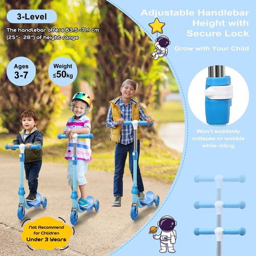 Kids Kick Scooter - LED Light Up 3 Wheel Kick Scooter for Kids 3-5 5-7, Adjustable Handlebar Height, Long Anti-Slip Deck,Heavy Duty Metal Scooters for Boys Girls Ages 3-7, up to 110 Lbs