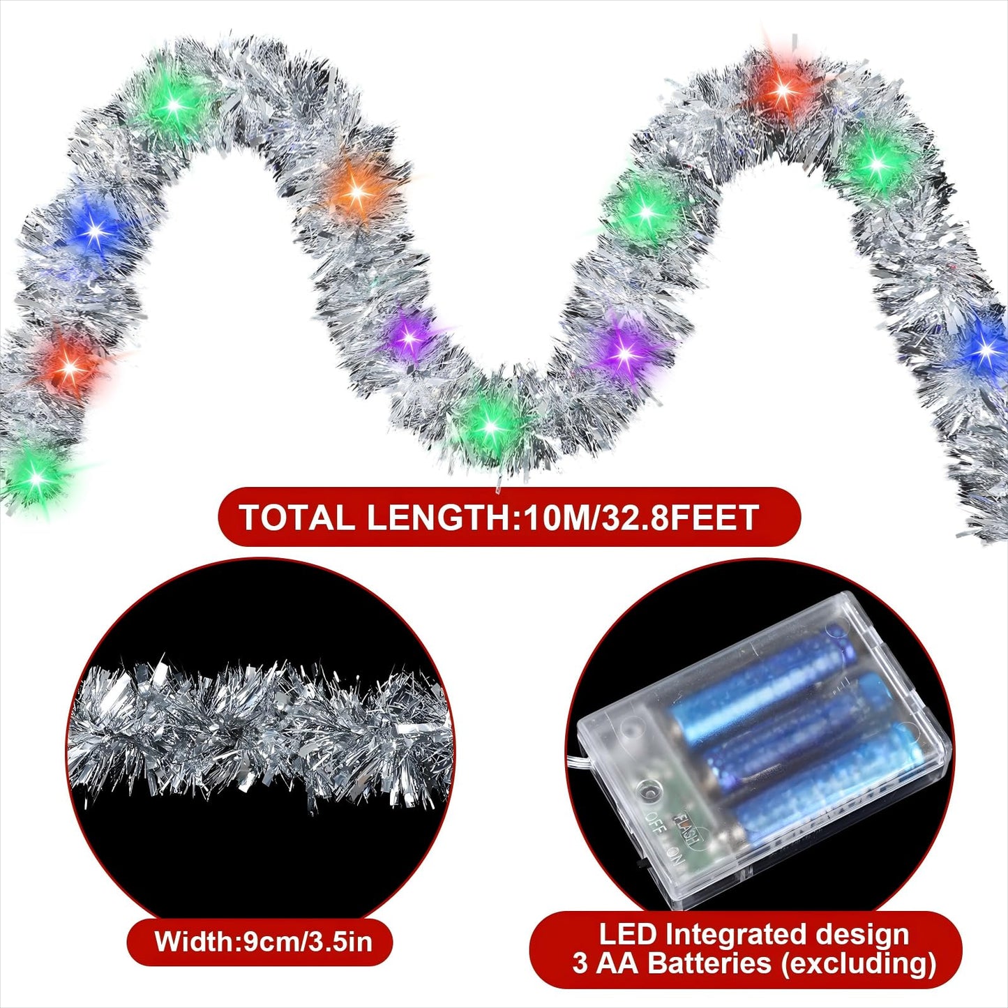 HunnmingRe 2 Pcs Christmas Golf Cart Decorations Christmas Golf Cart Seat Covers Silver Tinsel Garland with LED Lights Golf Cart Accessories Christmas for Christmas Tree Golf Cart Decorations
