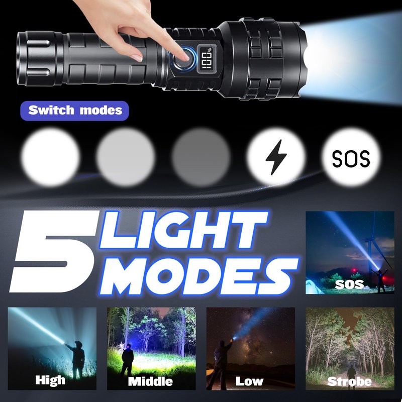 HMFREE Flashlights High Lumens Rechargeable, 1000000 High Lumens Super Bright Handheld LED Flash Light, Powerful Emergency Linternas, Waterproof, Long Lasting, for Hiking Camping Gift
